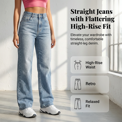 📢📢REDUCERE DE 50%!! ✨👖Blugi din denim pentru femei, cu talie înaltă și croi drept💟