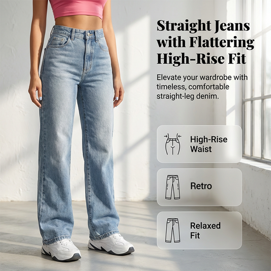 📢📢REDUCERE DE 50%!! ✨👖Blugi din denim pentru femei, cu talie înaltă și croi drept💟