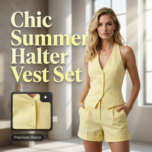 🔥Vestă fără spate, subțire, cu bretele la gât și set de 2 piese cu pantaloni scurți cu talie înaltă👗