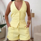 🔥Vestă fără spate, subțire, cu bretele la gât și set de 2 piese cu pantaloni scurți cu talie înaltă👗