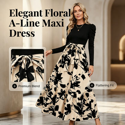 👗Rochie Maxi cu Mânecă Lungă, Croială în Linia A, cu Motive Florale pentru Femei