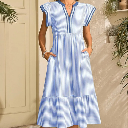 ❤️Rochie midi cu dungi, decolteu în V și mâneci flutter pentru femei