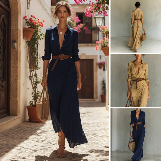 Rochie Maxi Elegantă cu Nasturi și Draperii