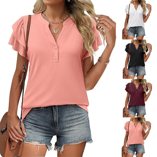 ✨【S-2XL】🌷Femeii Casual V-Neck Ruffle tricou cu mânecă scurtă🥰
