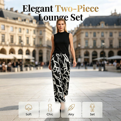 💝Reducere de 40%💝Set de top fără mâneci pentru femei și pantaloni largi cu imprimeu