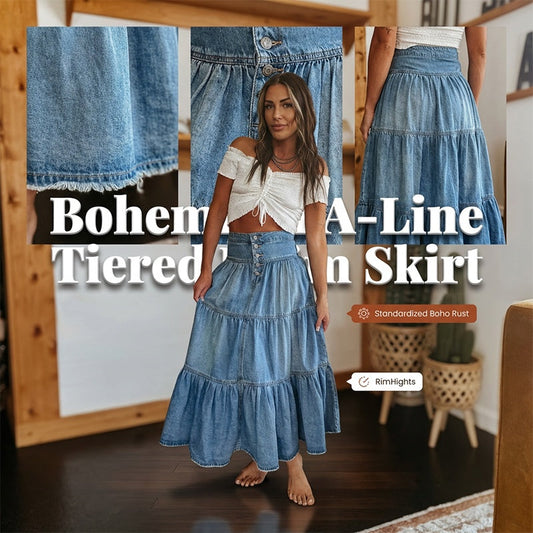 👗 REDUCERE DE 50% PENTRU TIMP LIMITAT! ✨ Fustă Maxi din Denim – Talie Înaltă, Cu Volane, Formă A, Cu Nasturi în Față ✨