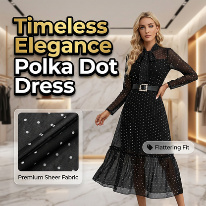 Rochie midi elegantă cu buline și guler tip cravată