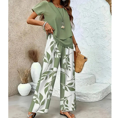 Set de două piese pentru femei cu imprimeu de frunze și pantaloni cu picior larg