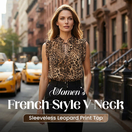 Top pentru femei, fără mâneci, cu imprimeu leopard, în stil francez, cu decolteu în V