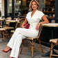 Set de top elegant cu decolteu în V și pantaloni cu talie largă pentru femei