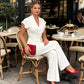 Set de top elegant cu decolteu în V și pantaloni cu talie largă pentru femei