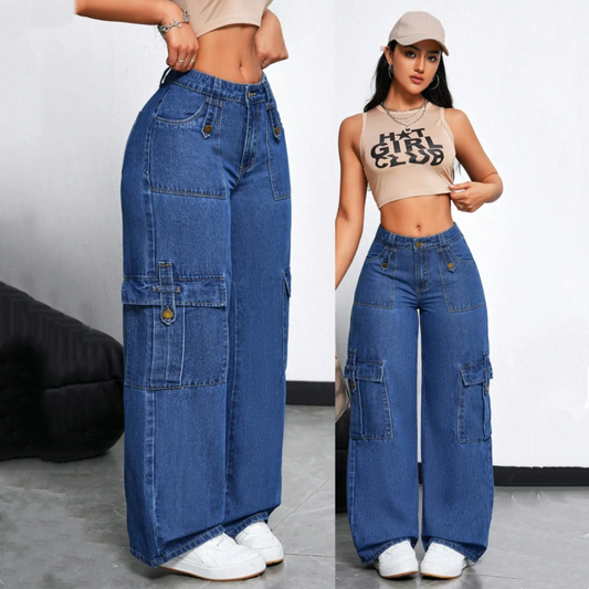 🌈Blugi cargo cu talie înaltă și picior larg👖