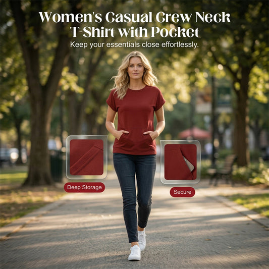 Tricou Casual pentru Femei cu Guler Rotund și Buzunar