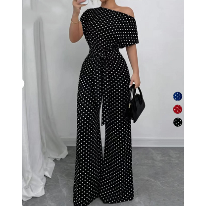 👖 REDUCERE DE 40% PENTRU TIMP LIMITAT! ✨ Salopetă elegantă cu buline asimetrice – picior larg, curea la talie, 3 culori 🍷