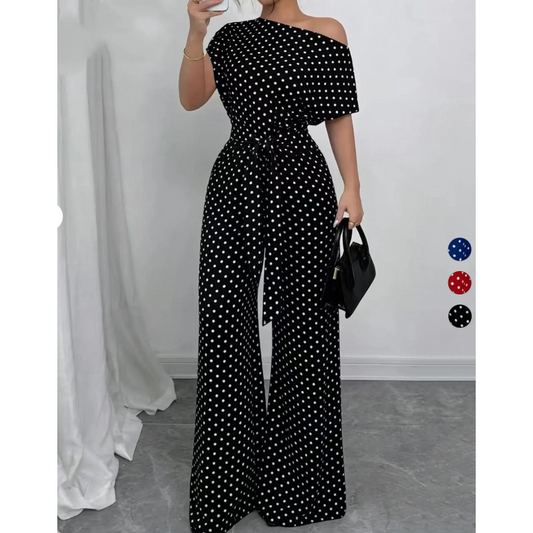 👖 REDUCERE DE 40% PENTRU TIMP LIMITAT! ✨ Salopetă elegantă cu buline asimetrice – picior larg, curea la talie, 3 culori 🍷