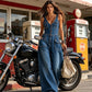 Salopetă denim pentru femei, fără mâneci, cu decolteu în V