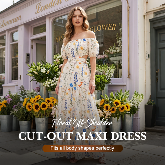 Rochie maxi cu umerii goi și decupaj floral