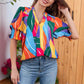 🌸REDUCERE DE VARĂ 40%😍Bluză pentru femei cu decolteu în V și mâneci bufante, cu imprimeu floral
