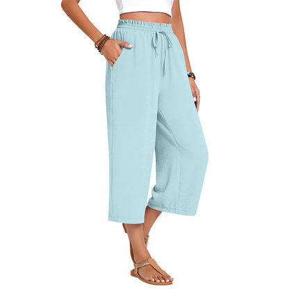 👖Pantaloni Capri din bumbac și in, cu talie largă, pentru femei