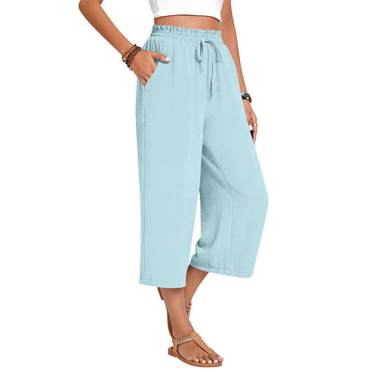 👖Pantaloni Capri din bumbac și in, cu talie largă, pentru femei