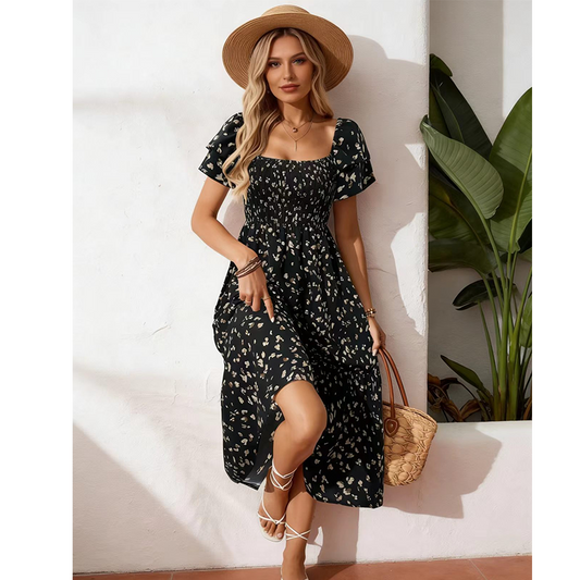 💃Rochie midi cu gât pătrat, smocuri și imprimeu floral pentru femei