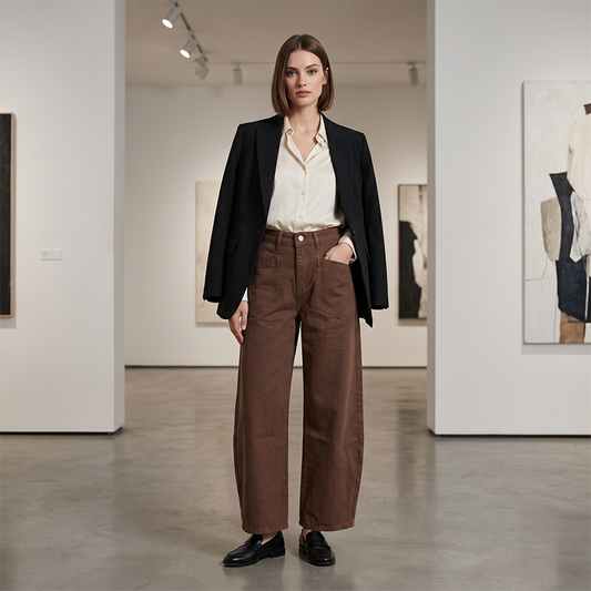 👖✨Pantaloni Largi Femei cu Talie Înalță și Buzunare Mari – Bumbac Spălat Moale, Siluetă Alungită | 3 Culori | S-2XL🌿