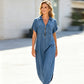 💙 Rochie femei lungă din denim, decolteu V și fermoar