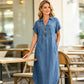💙 Rochie femei lungă din denim, decolteu V și fermoar