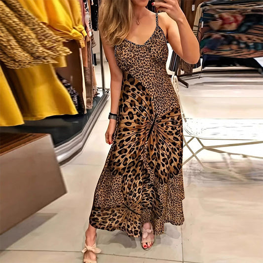Rochie casual de plajă, cu decolteu în V și imprimeu animalier, lungă pentru vară