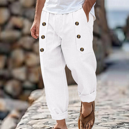Pantaloni casual din bumbac și in pentru bărbați, cu detalii cu nasturi