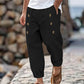 Pantaloni casual din bumbac și in pentru bărbați, cu detalii cu nasturi