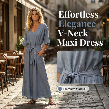 Rochie Maxi cu Decolteu în V, Culoare Uni, cu Buzunare