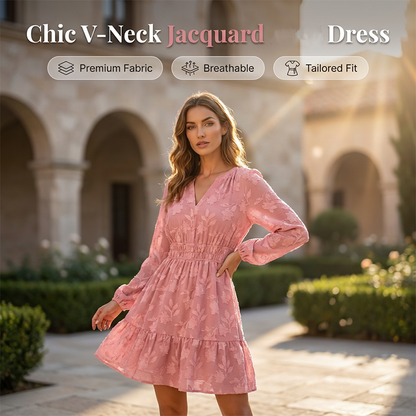 Rochie pentru femei cu mânecă lungă, decolteu în V, cu imprimeu floral jacquard