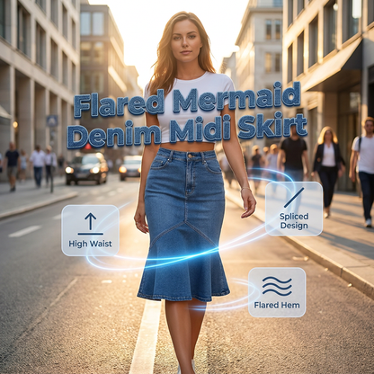 Fustă midi din denim, croială evazată, tip sirenă