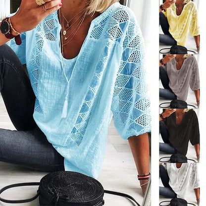 👚 45% REDUCERE ACUM! 🌸 Bluză pentru femei cu guler U și croșetat – Șnur cu ciucuri și mâneci scurte – Chic casual de vară 🌿