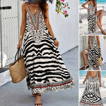 Rochie maxi slip cu imprimeu zebră și leopard