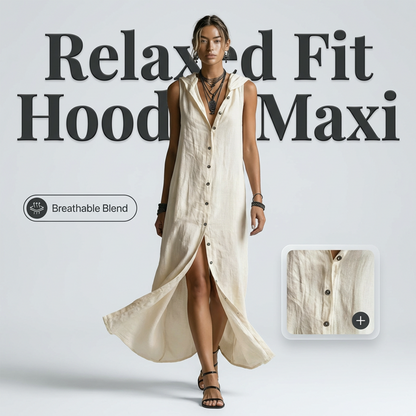 💖 Rochie feminină maxi de vară fără mâneci, model cu glugă și accente din nasturi, croi lejer confortabil pentru purtare zilnică