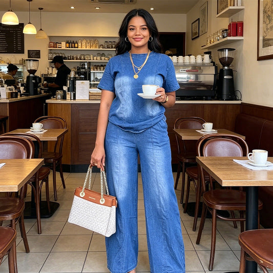 💙Set de 2 piese pentru femei: bluză și pantaloni casual din denim – Un stil estival de zi cu zi, fără efort☀️