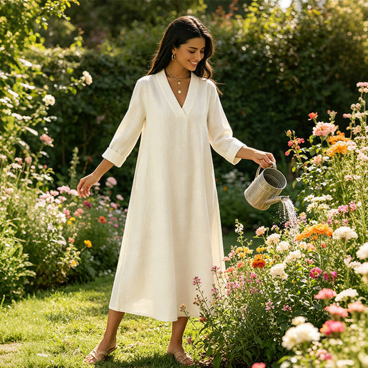 👗☀️Rochie pentru femei cu decolteu în V, din bumbac și in, croială A – Eleganță zilnică fără efort✨
