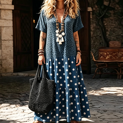 🌸 Rochie feminină maxi stil boem, decolteu V cu imprimeu mixt, confortabilă pentru vacanță