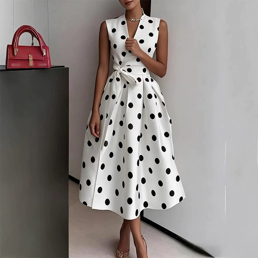 📢📢📢Reducere de 40% !! ⏰🖤 Rochie femei fără mâneci, decolteu V și imprimeu cu buline