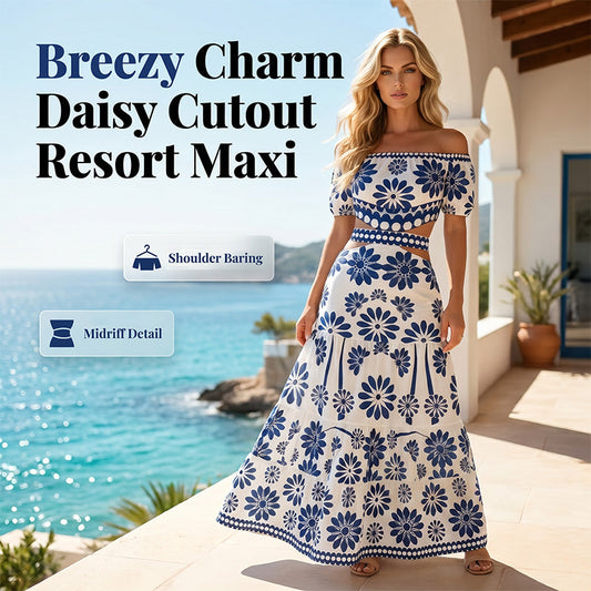 🌸 Rochie feminină de resort cu umerii goi, decupaj la talie și imprimeu cu margarete