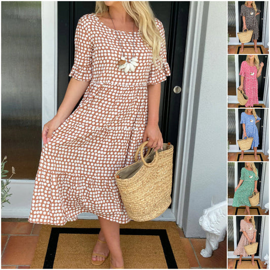 ⚫ Rochie femei midi cu guler rotund și imprimeu cu buline