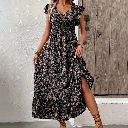 🌸 Rochie femei maxi, decolteu V, imprimeu floral și croială lejeră