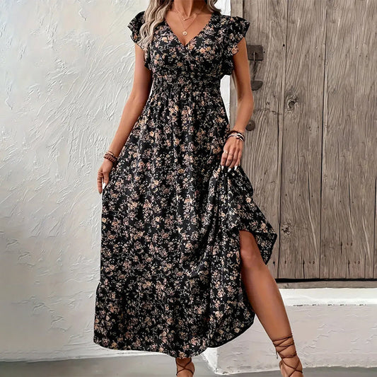 🌸 Rochie femei maxi, decolteu V, imprimeu floral și croială lejeră