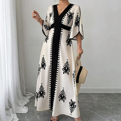 🌹 Rochie maxi elegantă femei cu decolteu V și imprimeu