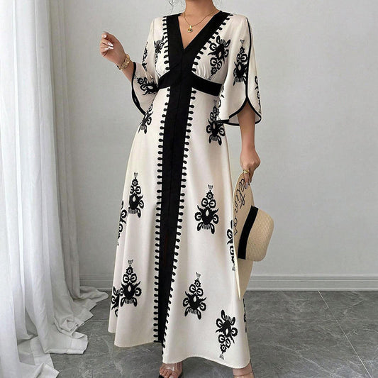 🌹 Rochie maxi elegantă femei cu decolteu V și imprimeu