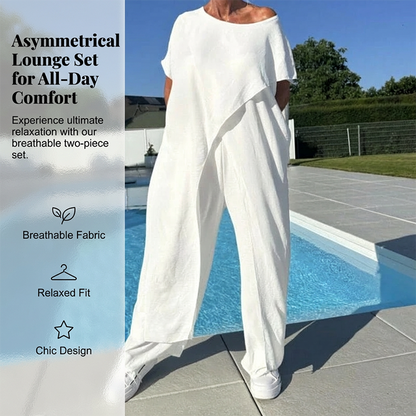 ✨ Set femei 2 piese, top asimetric un umăr descoperit și pantaloni casual