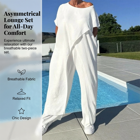 ✨ Set femei 2 piese, top asimetric un umăr descoperit și pantaloni casual