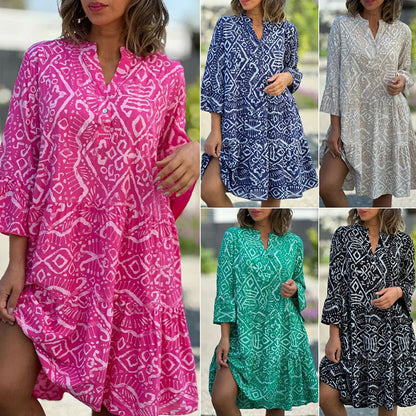 ✨ Rochie lejeră de vară femei cu imprimeu geometric, decolteu V, mâneci clopot și croială vaporoasă